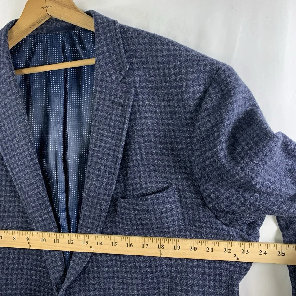 Mens Wool Micro Check Sport Coat Size 46L Blazer Blue Preppy Tailored Fit Blazer
